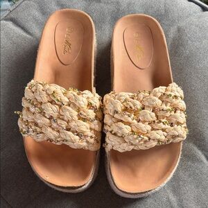 Abaete Braided Beaded Slide Mules - Natural/Beige with Multicolor Beads